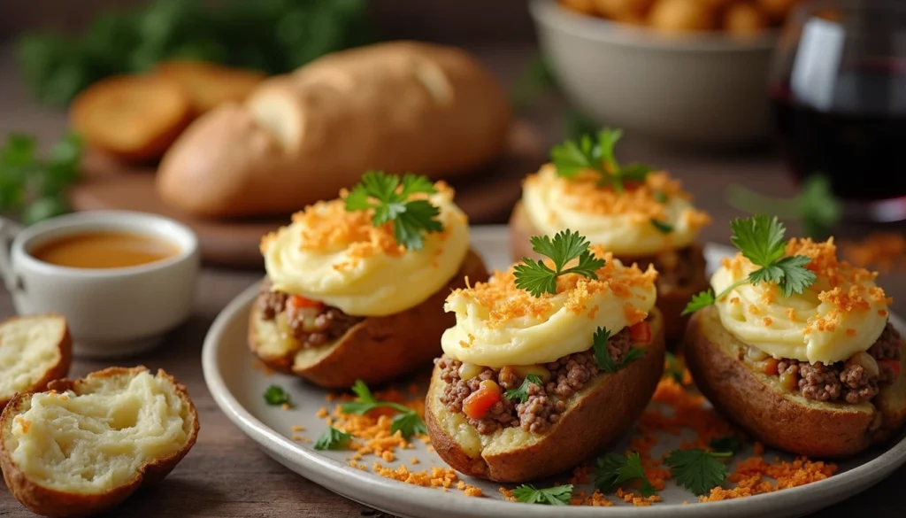 A comforting plate of stuffed baked potato cottage pie with mashed potatoes and savory beef filling.