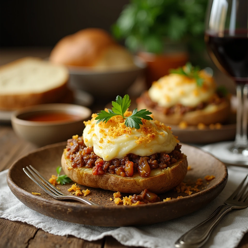 A comforting plate of stuffed baked potato cottage pie with mashed potatoes and savory beef filling.