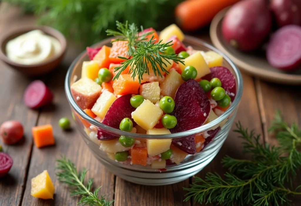 Overhead view of a woman serving vibrant Russian potato salad with beets in a clear glass bowl, showcasing colorful layers of vegetables and creamy dressing, set on a rustic wooden table with fresh ingredients scattered around