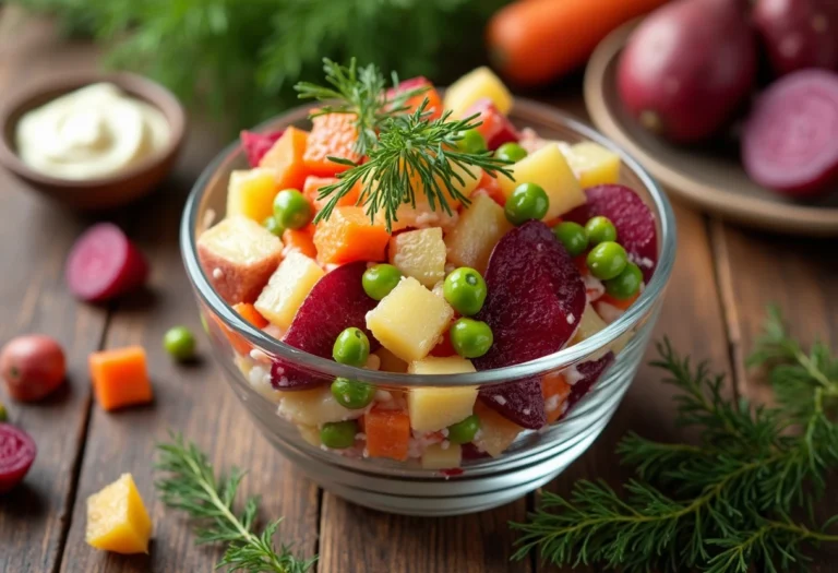 Overhead view of a woman serving vibrant Russian potato salad with beets in a clear glass bowl, showcasing colorful layers of vegetables and creamy dressing, set on a rustic wooden table with fresh ingredients scattered around