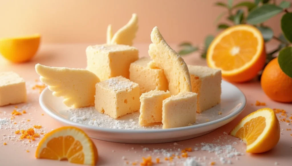 Fluffy homemade orange marshmallows shaped like wings on a plate, garnished with orange slices and zest, showcasing a fun and citrusy dessert.