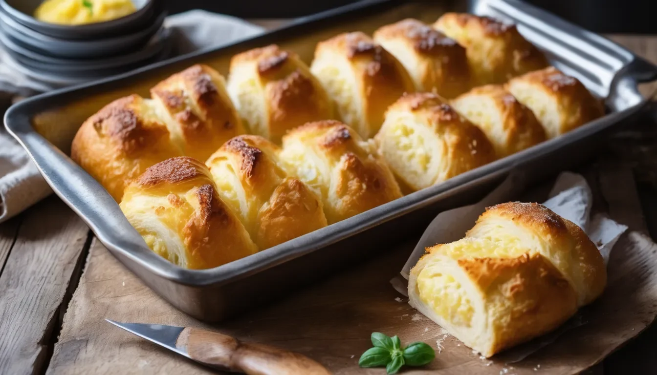 Freshly baked Gratin Loin Rolls with a golden, crispy parmesan topping, showing the fluffy interior. Served on a rustic wooden table with butter