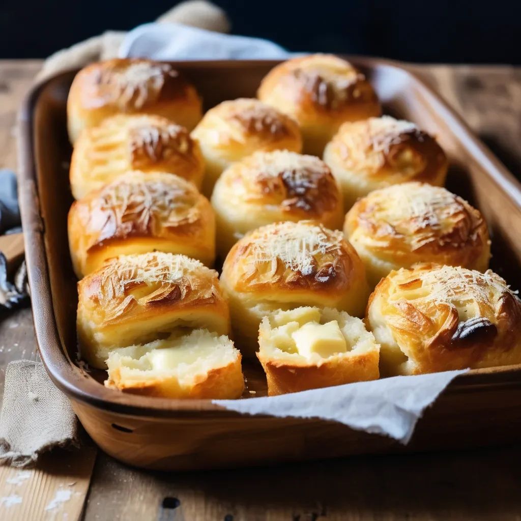 A freshly baked tray of Gratin Loin Rolls, golden brown with a crispy parmesan topping. The rolls are soft on the inside with a fluffy texture, arranged in a baking dish with a few rolls pulled apart to show the airy interior. The background is a warm kitchen setting, with a rustic wooden table, and a butter dish nearby. A few rolls are placed on a small plate with a pat of butter on top, ready to be served. The scene is cozy, inviting, and perfect for a home-cooked meal.