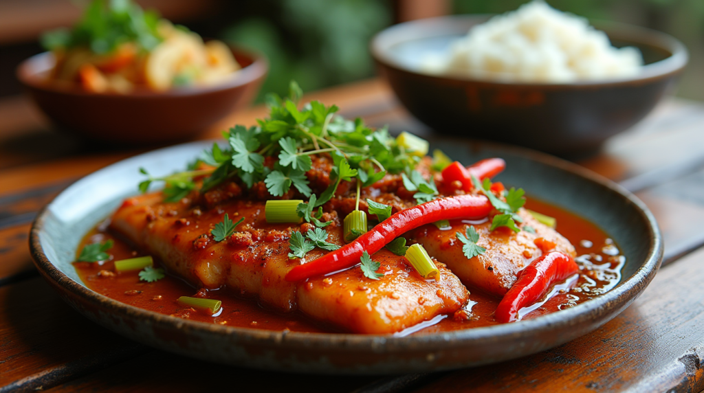 Braised fish recipe with tender fillets in soy sauce, served with rice and vegetables, garnished with fresh herbs.