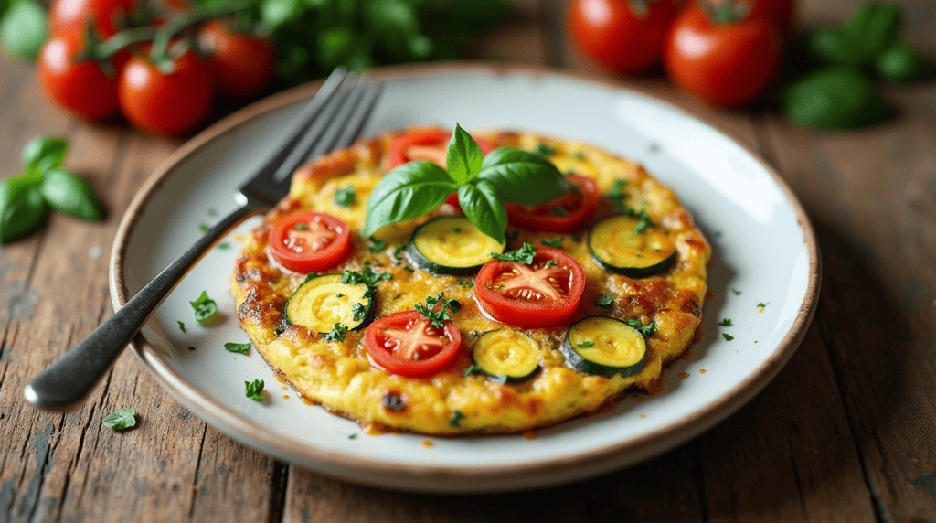 Beautiful woman serving a freshly baked zucchini tomato frittata in a rustic kitchen