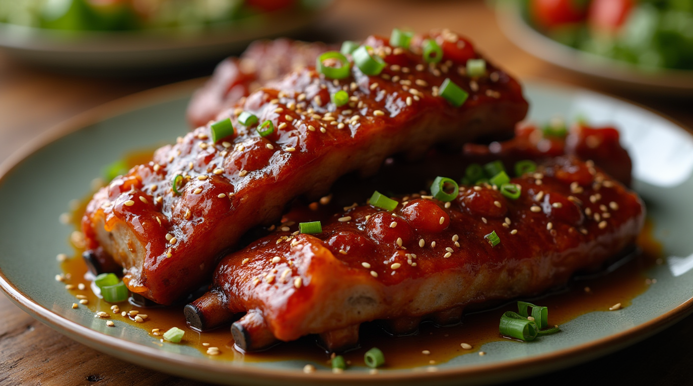 Close-up of sticky honey garlic ribs with glaze, sesame seeds, and green onions on a rustic wooden table.