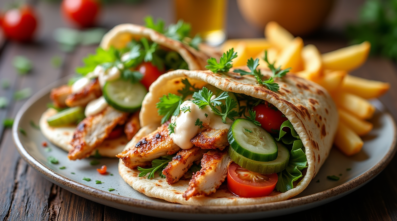 Delicious chicken shawarma served with fresh vegetables, garlic sauce, and fries on a rustic wooden table