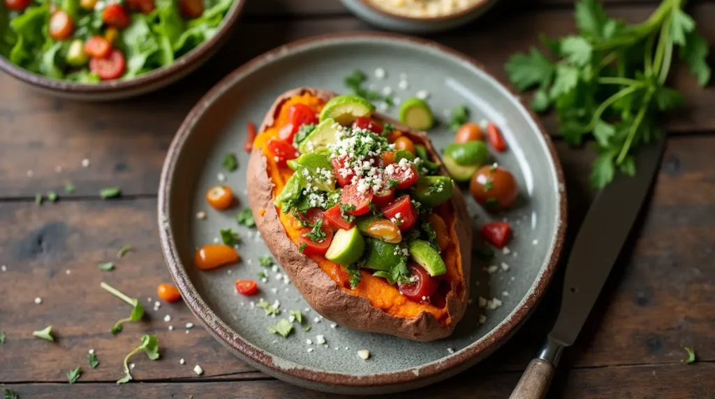 Stuffed sweet potato topped with fresh vegetables, avocado, and cheese, served with a side salad on a rustic wooden table, showcasing a healthy and vibrant meal.